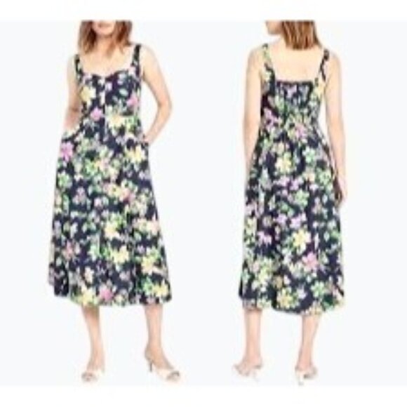 Old Navy Womens Navy Blue Floral Fit & Flare Linen Blend Midi Dress Size Medium - Picture 1 of 14